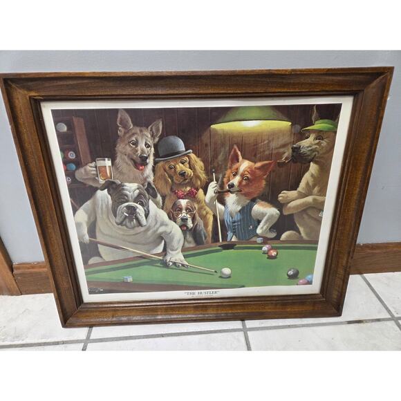 Arthur Sarnoff - The Hustler, Dogs Playing Pool 1960s Solid Wood Framed/Glass - Picture 1 of 6